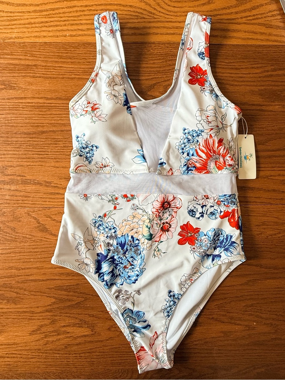 Beachsissi White w/ Floral One-Piece Swimsuit - sheer pieces. Size SM. Patriotic